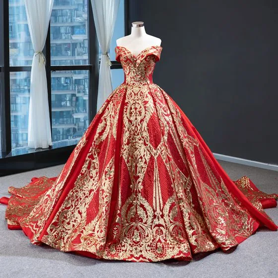 gold and red prom dress