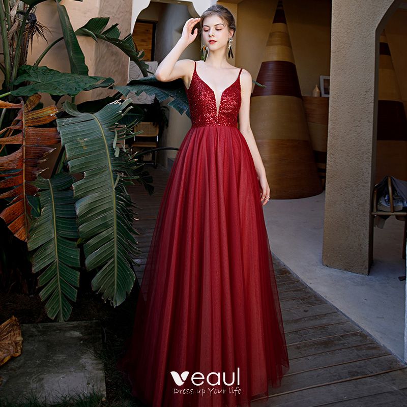 Sexy Burgundy Prom Dresses 2020 A-Line / Princess Spaghetti Straps Deep ...