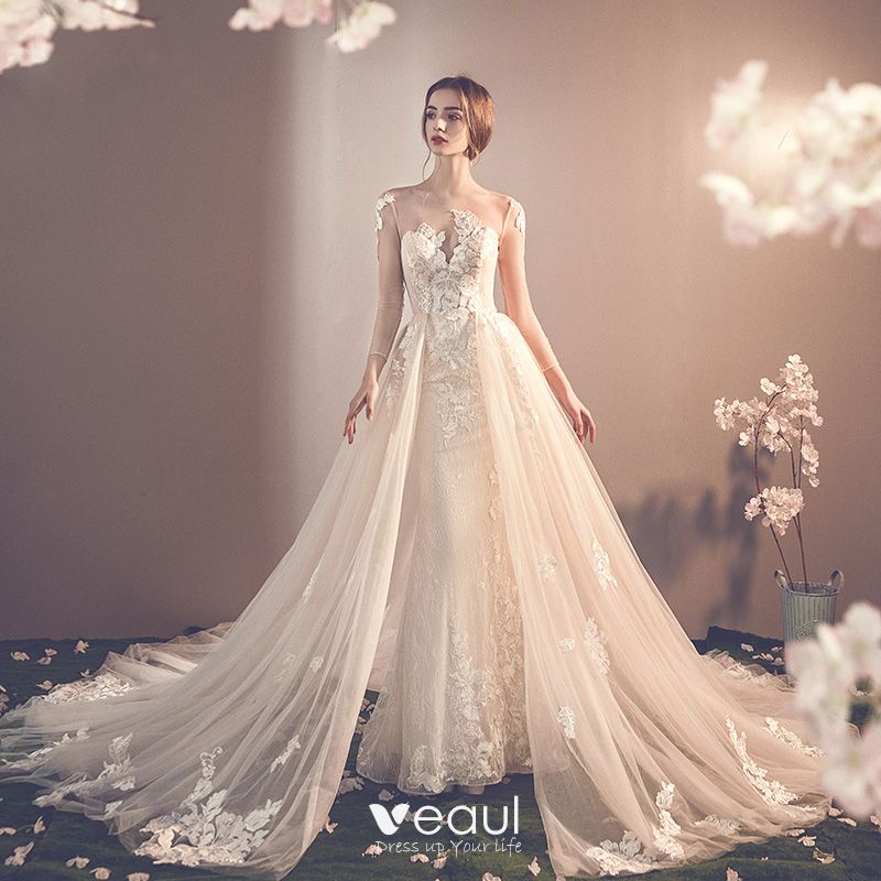 Charming Champagne See-through Wedding Dresses 2019 Trumpet / Mermaid ...