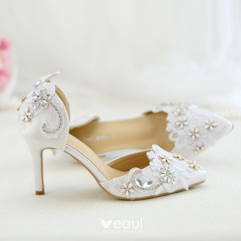 Chic / Beautiful White Wedding Shoes 2019 Flower Lace Pearl Rhinestone ...