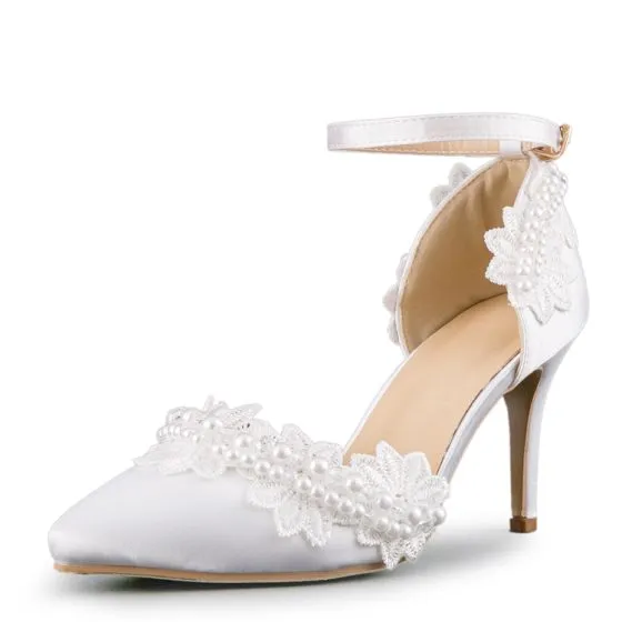 white 3 strap heels