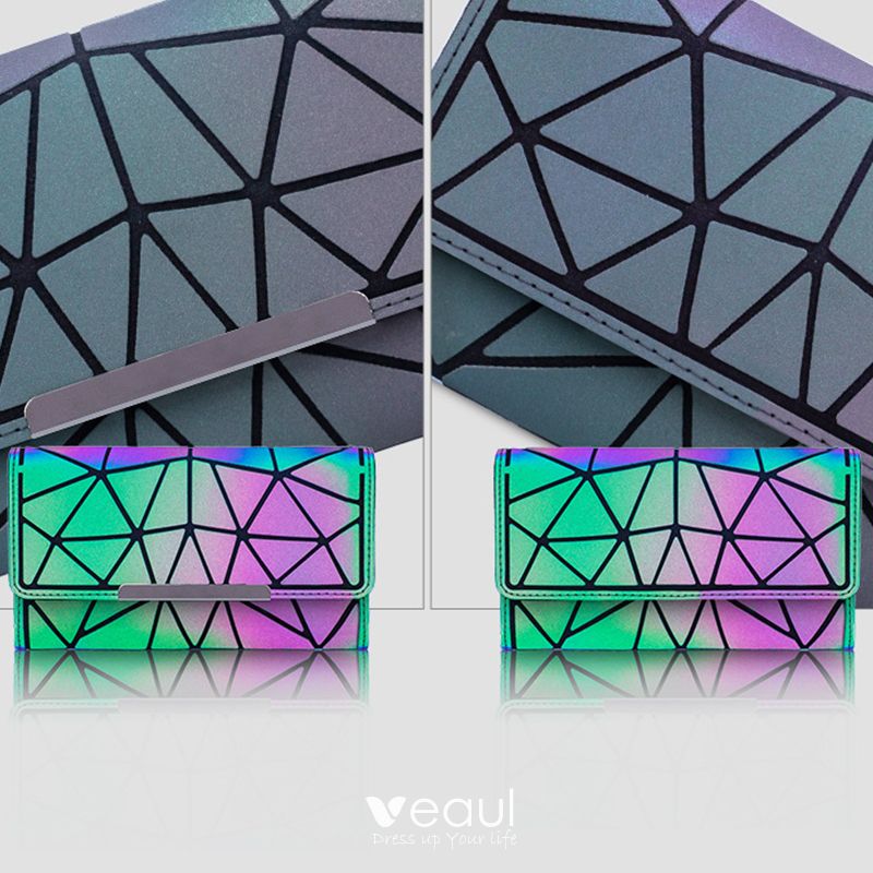 Fashion Multi-colors Luminous Geometric Square Wallet 2021 PU Reflective Holographic