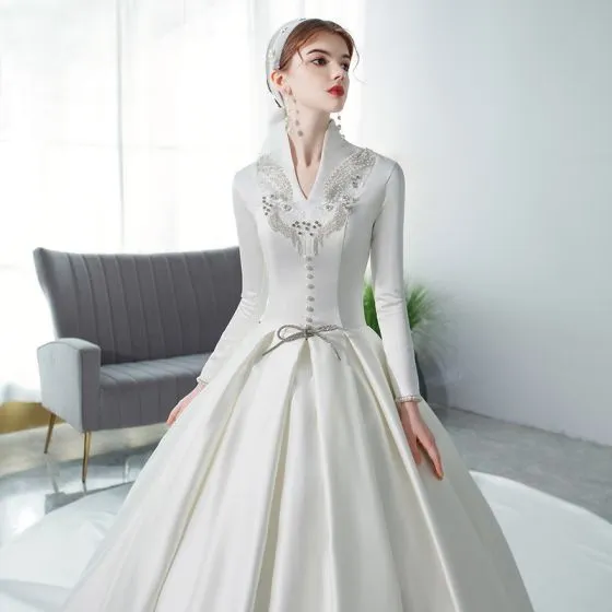 Affordable Muslim Ivory Satin Winter Bridal Wedding Dresses 2021 Ball Gown V Neck Long Sleeve 1850