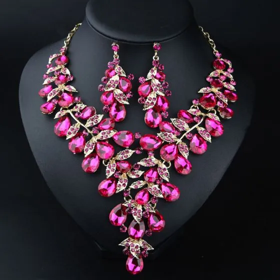 Pink Crystal V-Neck Rhinestone Necklace Set, Prom Jewelry