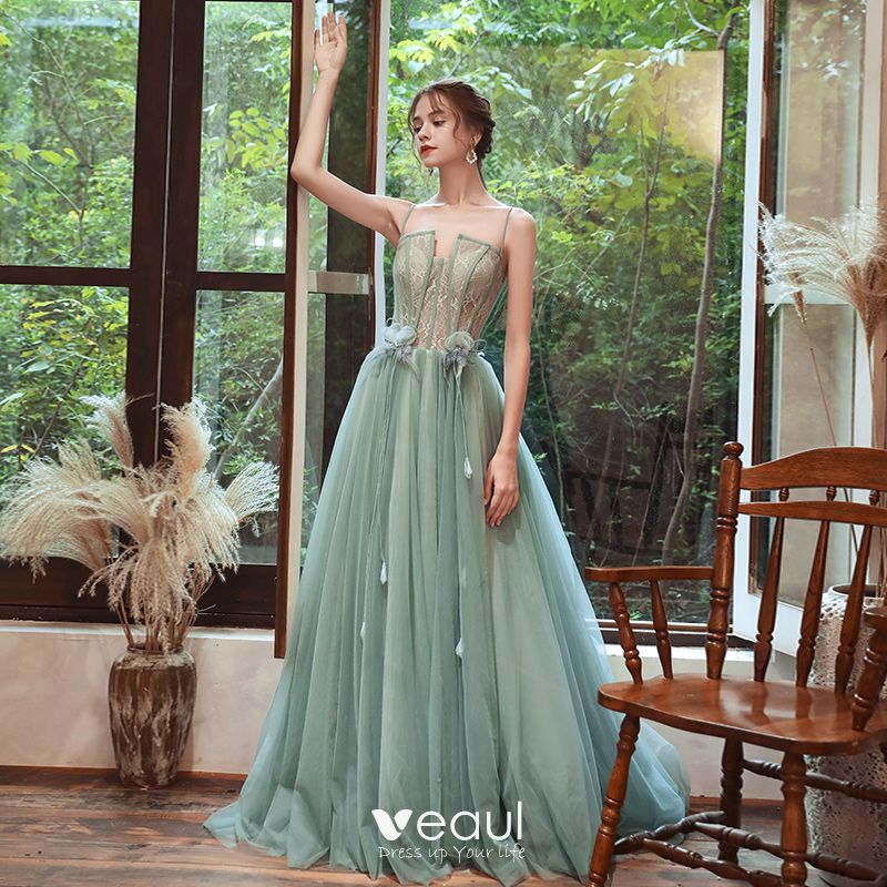 Green Tulle Long A-Line Prom Dress, Green Spaghetti Strap Evening Dress US 4 / Green