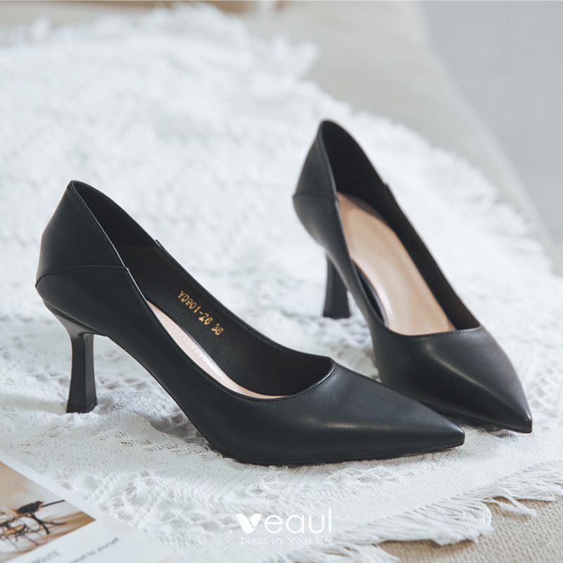 Modest / Simple Black Office OL 2020 Leather 5 cm Pointed Toe