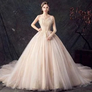 Classy Champagne Wedding Dresses 2019 Princess Sweetheart Sleeveless Backless Appliques Lace Beading Cathedral Train Ruffle