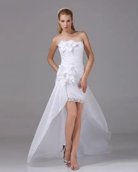 Strapless Flower Pleated Asymmetrical High Low Taffeta Woman Mini