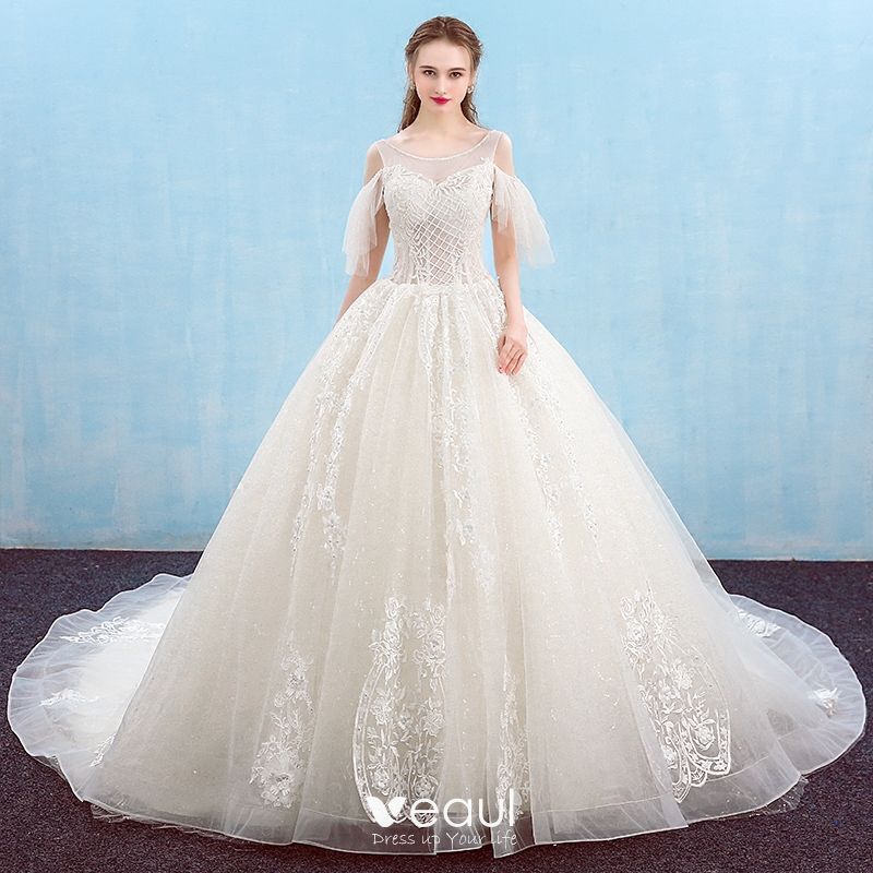 Elegant Ivory Wedding Dresses 2018 Ball Gown Beading Sequins Crystal ...