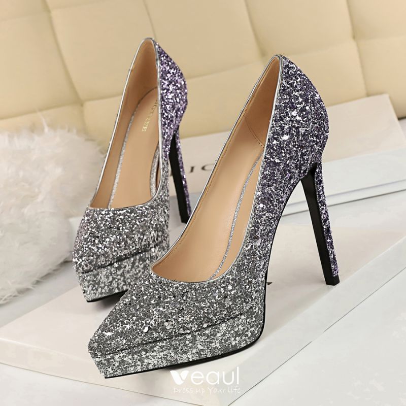 Sparkly Silver Evening Party Pumps 2019 Sequins 12 cm Stiletto Heels ...