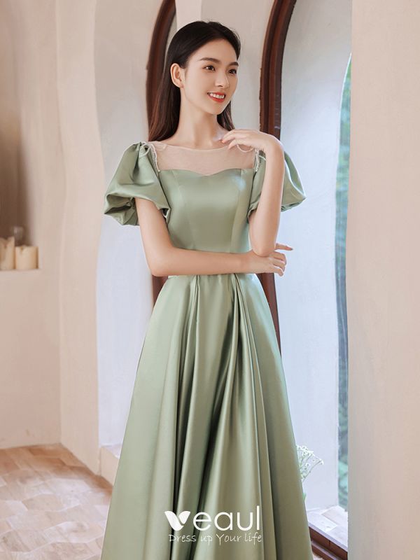 Elegant Sage Green Satin Prom Dresses 2021 A-Line / Princess Scoop Neck ...