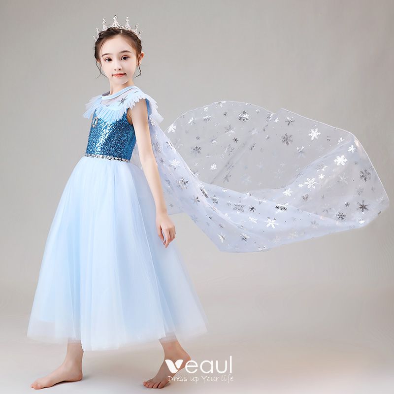 Frozen Costume Sky Blue Flower Girl Dresses With Shawl 2020 Ball Gown ...