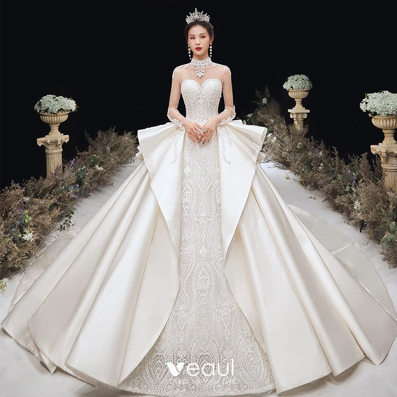 Luxury Long Ball Gown Glitter Wedding Dress with Puffy Sleeves