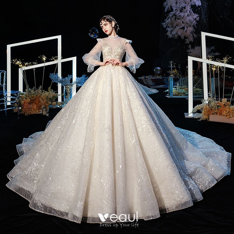 Victorian Style Champagne See-through Wedding Dresses 2020 Ball Gown High  Neck Puffy Long Sleeve Backless Glitter Tulle Appliques Lace Beading  Cathedral Train Ruffle