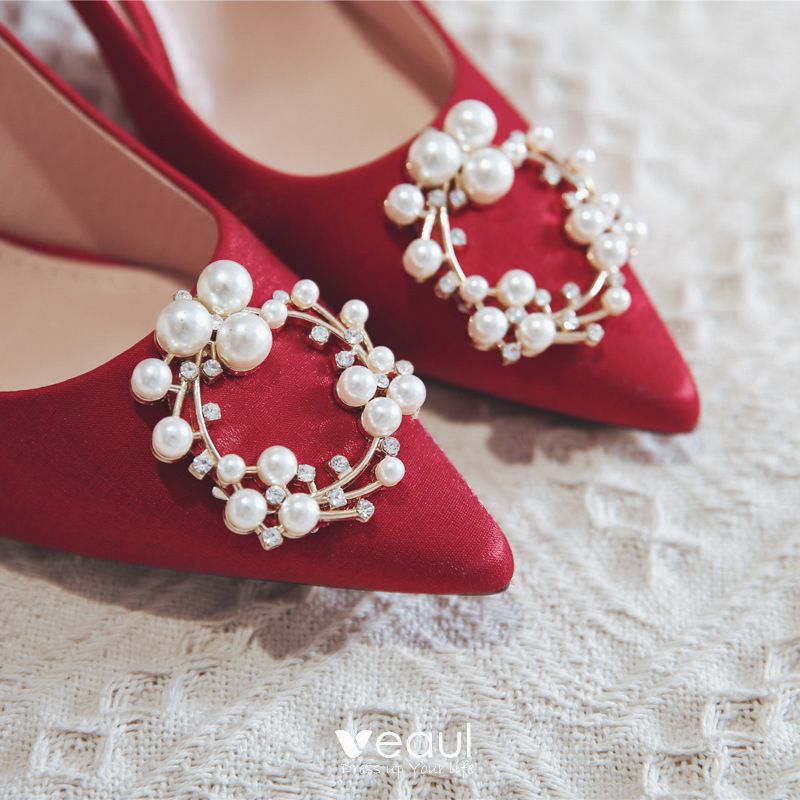 Chinese style Red Wedding Shoes 2020 Pearl 8 cm Stiletto Heels Pointed ...