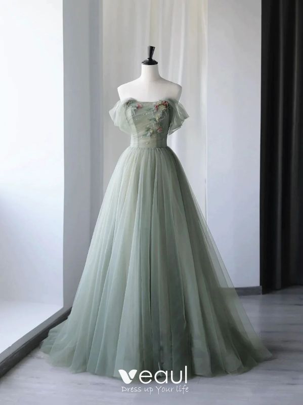 Romantic Leaf Sage Green Prom Dresses 2024 Tulle Off The Shoulder   Romantic Leaf Sage Green Prom Dresses 2024 Tulle Off The Shoulder Sleeveless A Line Princess Formal Dresses 800x800 