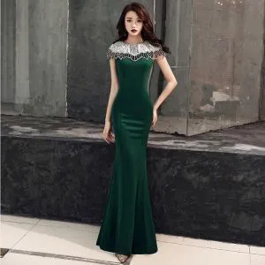 Elegant Dark Green Evening Dresses 2019 Trumpet / Mermaid Scoop Neck Beading Short Sleeve Floor-Length / Long Formal Dresses