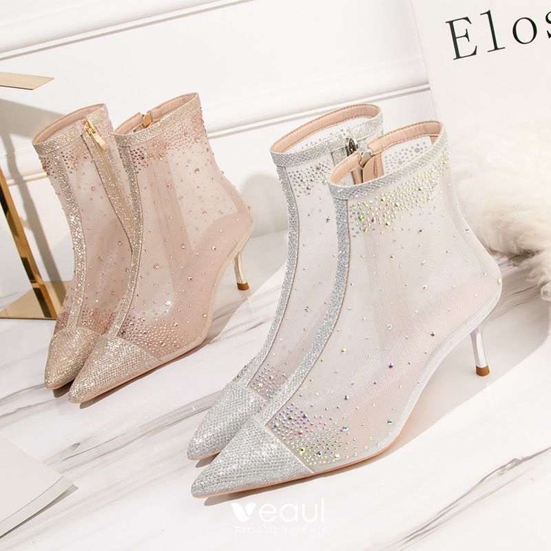 Charming Gold Evening Party Rhinestone See-through Womens Boots