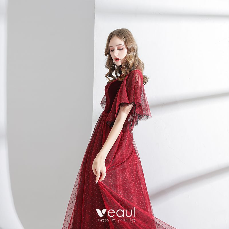 Elegant Burgundy Evening Dresses 2020 A-Line / Princess Suede High Neck ...