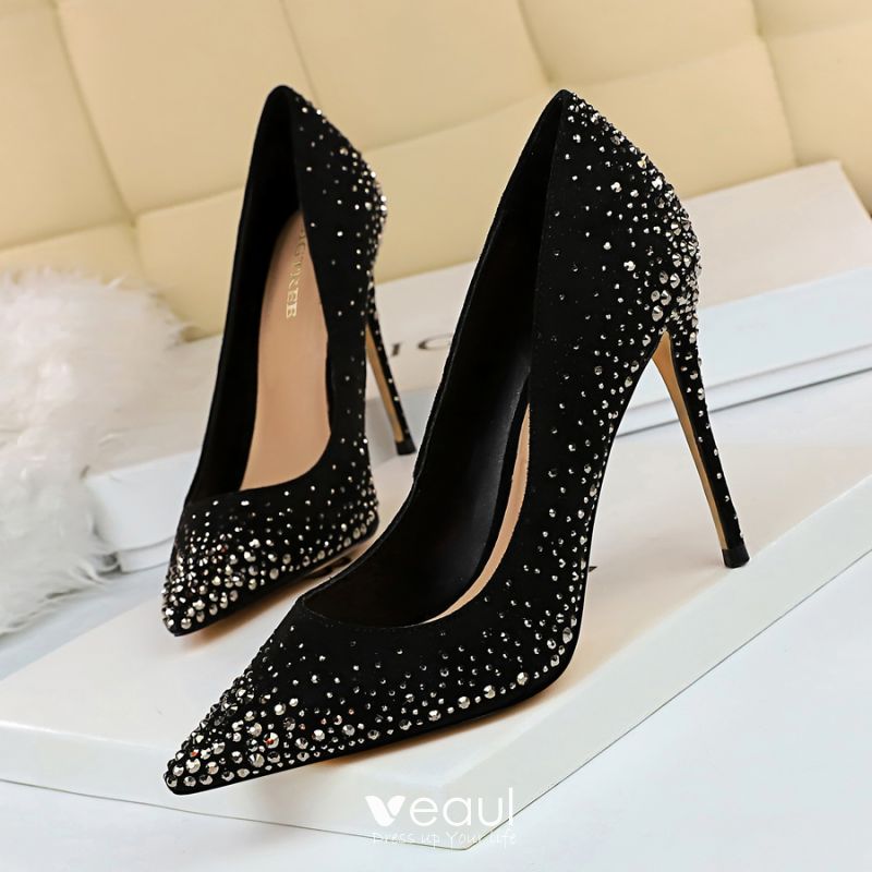 Chic / Beautiful Black Evening Party Pumps 2019 Suede Rhinestone 10 cm ...