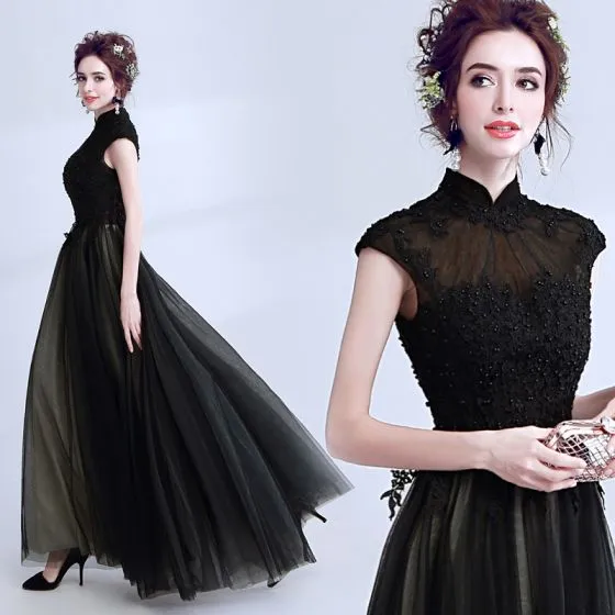 boicotear Parpadeo Alojamiento Vintage / Retro Black Evening Dresses 2019 A-Line / Princess High Neck  Beading Lace Flower Sleeveless Floor-