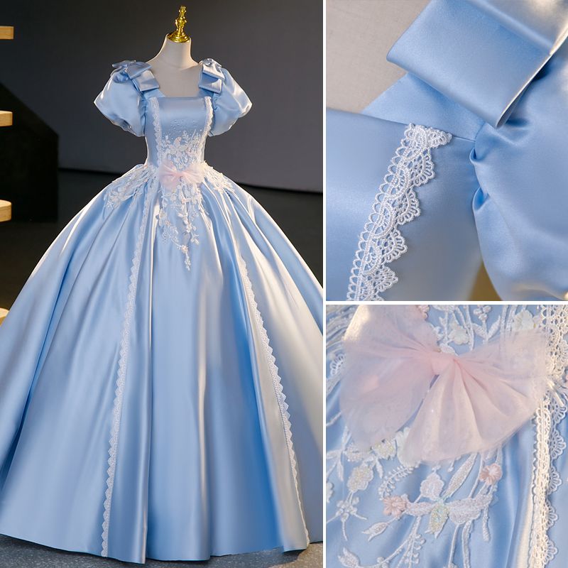 Elegant Sky Blue Satin Beading Pearl Lace Flower Prom Dresses 2023 Ball ...