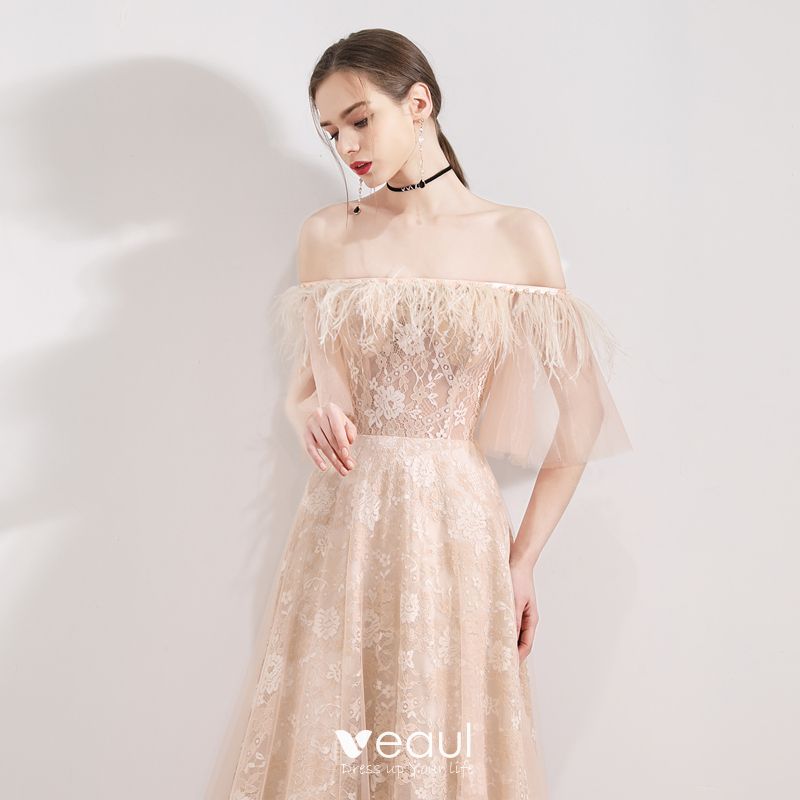 Elegant Champagne Evening Dresses 2019 A-Line / Princess Off-The ...