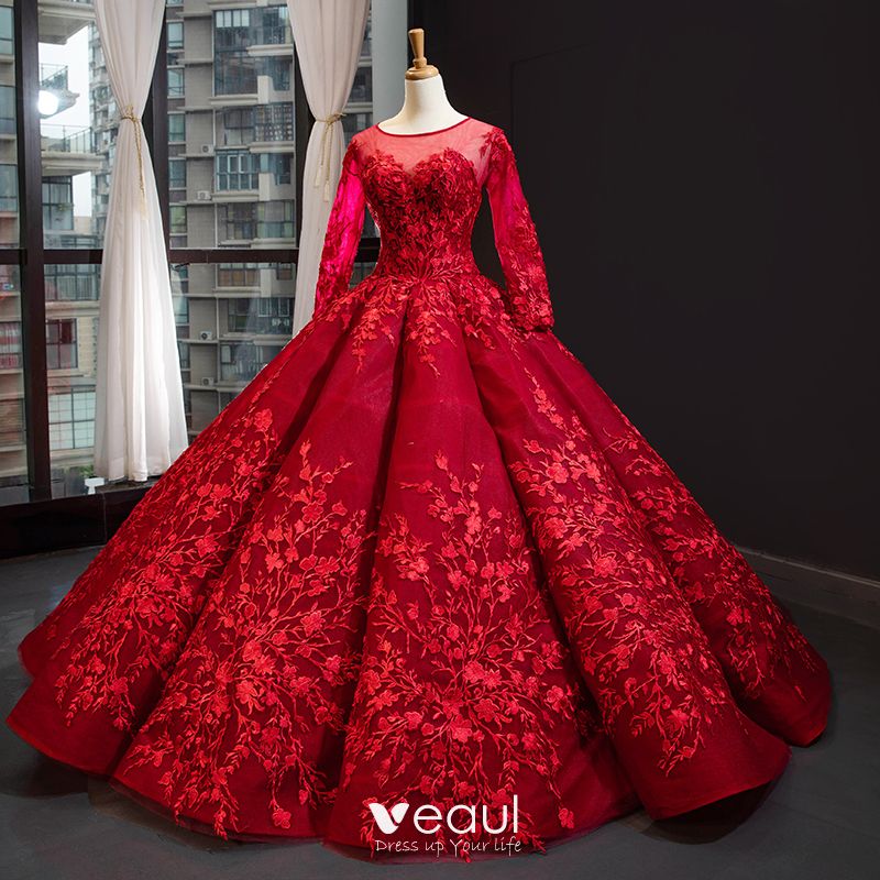 red long sleeve ball gown