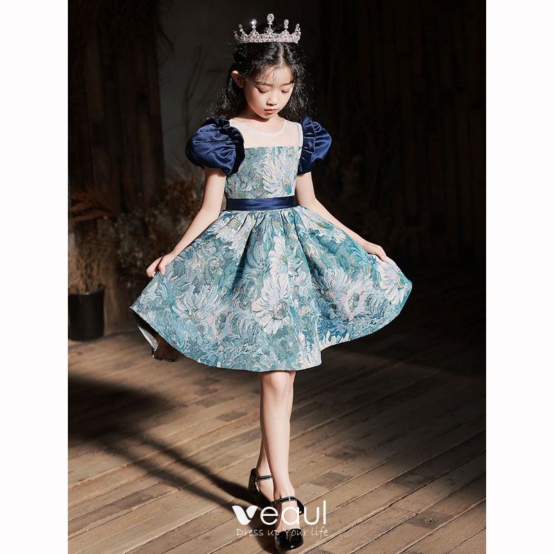 Chic Beautiful Pool Blue Beading Sequins Lace Flower Evening Party Flower  Girl Dresses