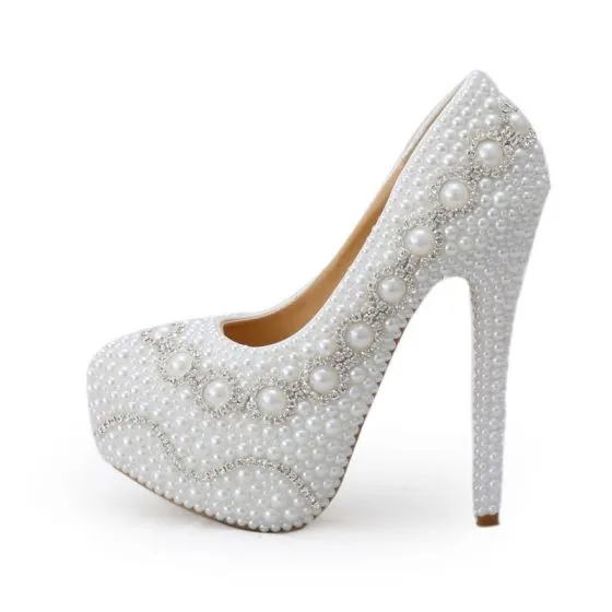 Chic / Beautiful White Wedding Shoes 2019 Pearl Rhinestone 14 cm ...