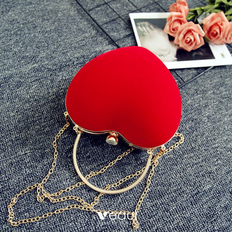 Fashion Red Velour Heart-shaped Clutch Bags 2020 Metal Accessories
