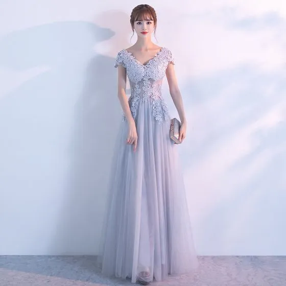 Chic / Beautiful Grey Evening Dresses 2017 A-Line / Princess V-Neck ...