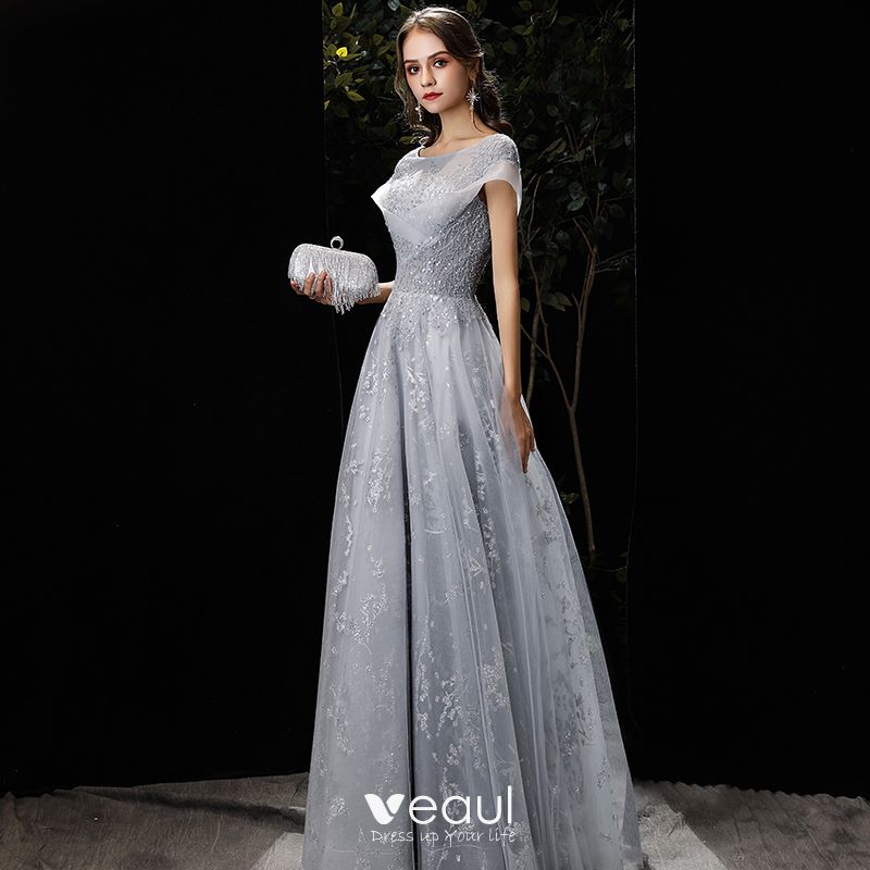 Elegant Grey Evening Dresses 2020 A-Line / Princess Scoop Neck Beading ...