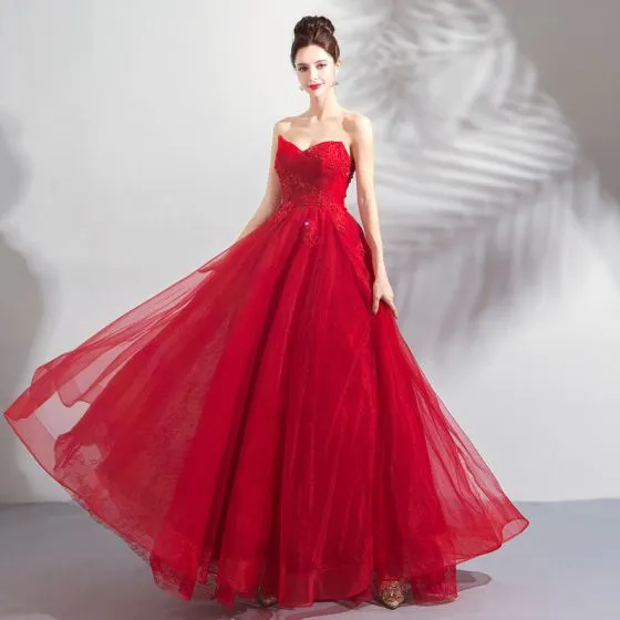 Charming Red Prom Dresses 2018 A-Line / Princess Beading Crystal ...