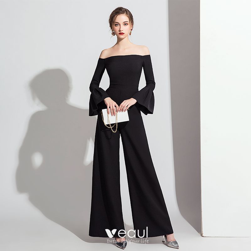 Chic / Beautiful Black Jumpsuit 2019 Off-The-Shoulder Bell sleeves ...