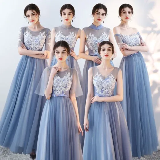 affordable sky blue see through bridesmaid dresses 2018 a line
