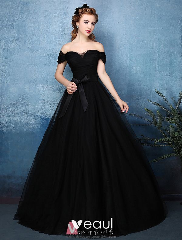 Beautiful Simple Ball Gown Off The Shoulder Sweetheart Black Tulle Prom ...