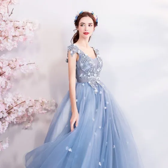 Elegant Sky Blue Prom Dresses 2018 Ball Gown V-Neck Sleeveless ...