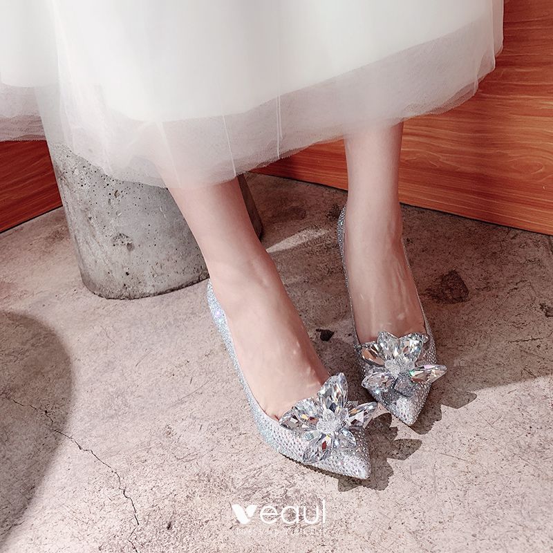 Sparkly Silver Glitter Wedding Shoes 2020 Leather Rhinestone