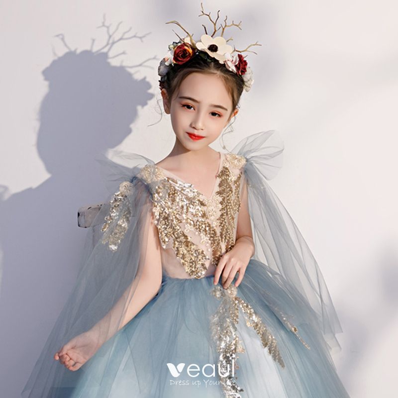 Chic Beautiful Sky Blue Birthday Flower Girl Dresses 2020 Ball Gown V-Neck  Sleeveless