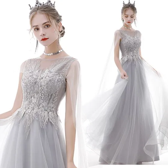 Classy Grey Prom Dresses 2020 A-Line / Princess Scoop Neck Pearl ...