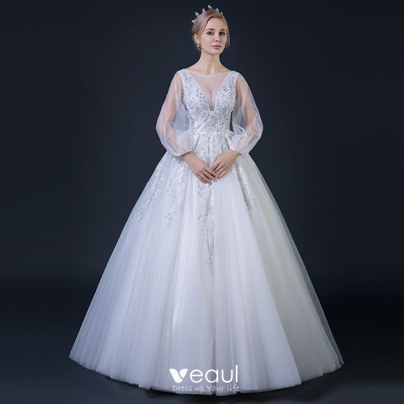 Affordable White See-through Wedding Dresses 2018 Ball Gown V-Neck Long ...