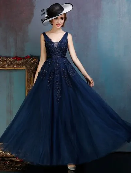 sensor zona Molestar Glamorous Backless Dark Blue Prom Dress Applique Lace Party Dress With  Sequins
