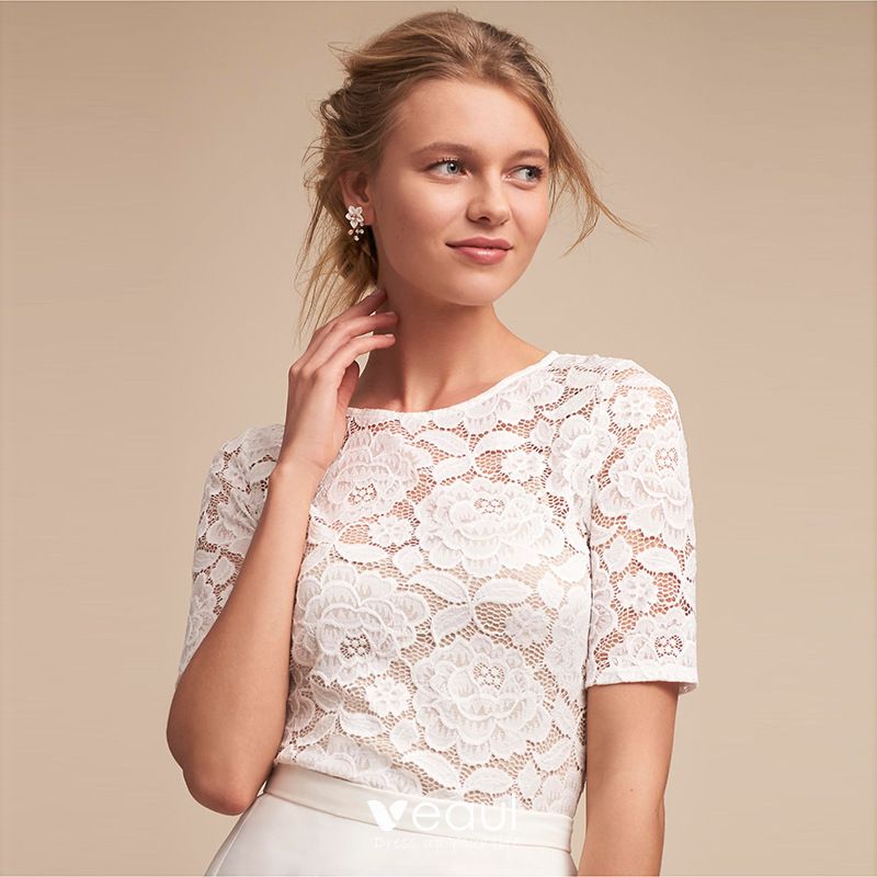Modest / Simple White Maxi Dresses 2018 A-Line / Princess Lace Scoop