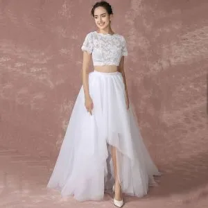 2 Piece Beach Wedding Dresses White 2017 A-Line / Princess Square Neckline Short Sleeve Bow Backless Tulle Lace Floor-Length / Long