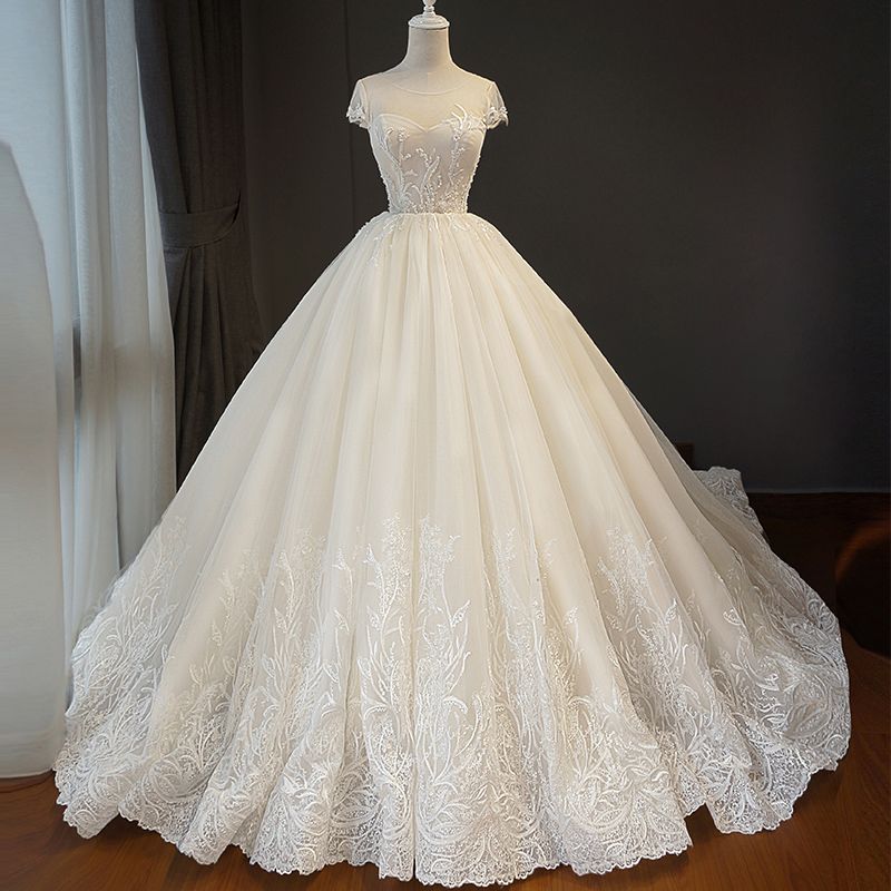 Elegant Champagne Wedding Dresses 2018 Ball Gown Lace Flower Scoop Neck ...