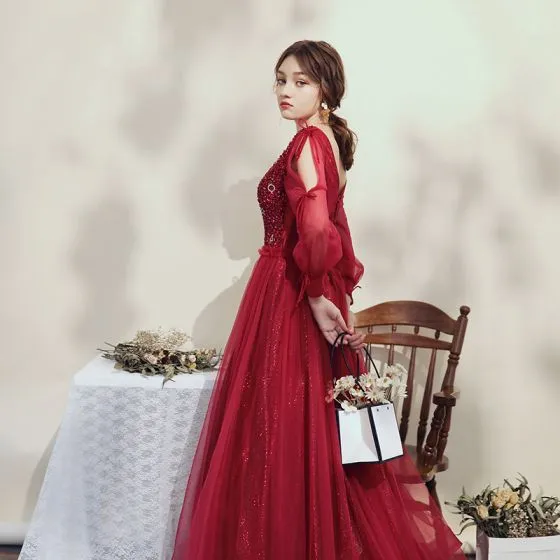 Victorian Style Burgundy Evening Dresses 2020 Ball Gown V-Neck Puffy ...