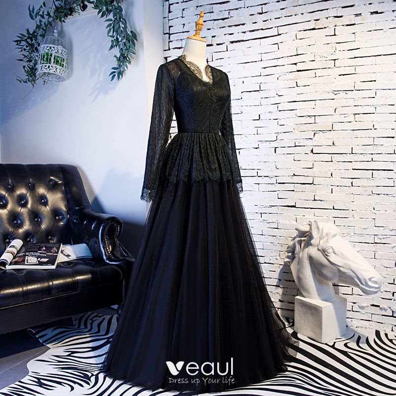 Elegant Vintage Retro Black Prom Dresses 2019 A Line Princess