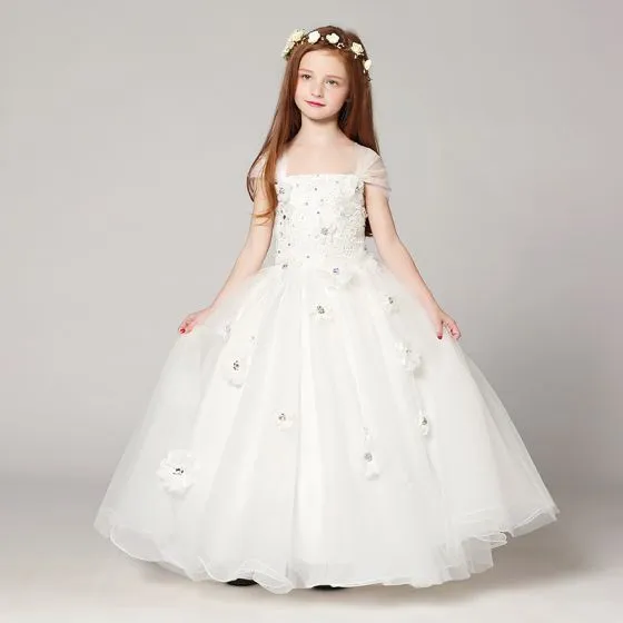 Chic Beautiful White Flower Dresses 2017 Ball Gown Shoulders Chic Beautiful White Flower Dresses 2017 Ball Gown Shoulders Sleeveless Liques Rhinestone Floor Length