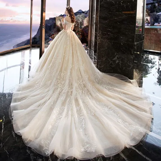 Elegant Ivory Wedding Dresses 2019 A-Line / Princess Off-The-Shoulder ...